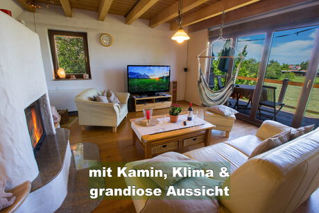 Wohnzimmer im Ferienhaus Im Birkenweg mit Kamin, großem Fenster und Blick ins Grüne